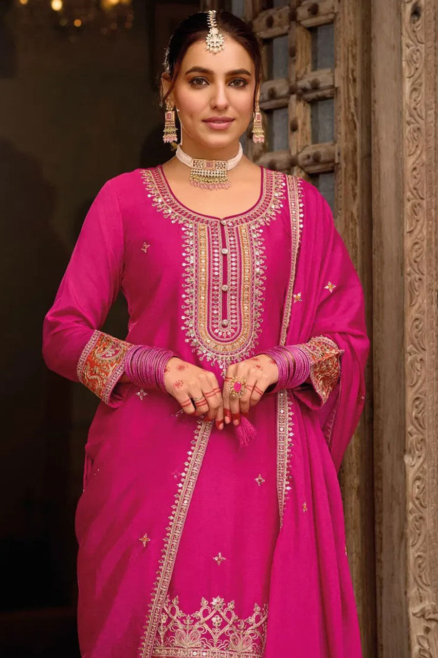 Pink Salwar Kameez Traditional Embroidered with Intricate Thread and Sequin Work
