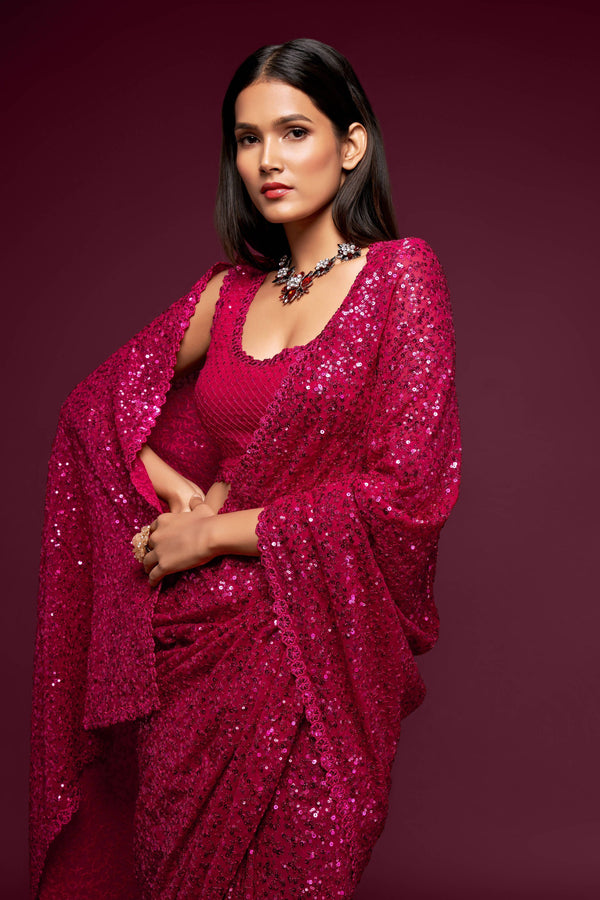 Pink Shimmer Georgette Saree with All Over Heavy Sequin Embroidery
