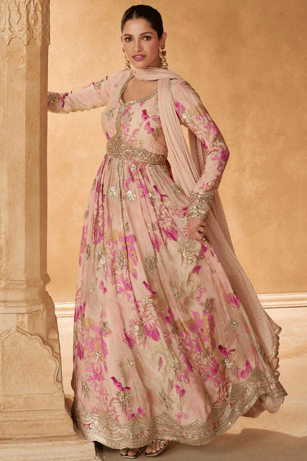 Pink Silk Anarkali Gown with Floral Print and Sequin Embroidery Work
