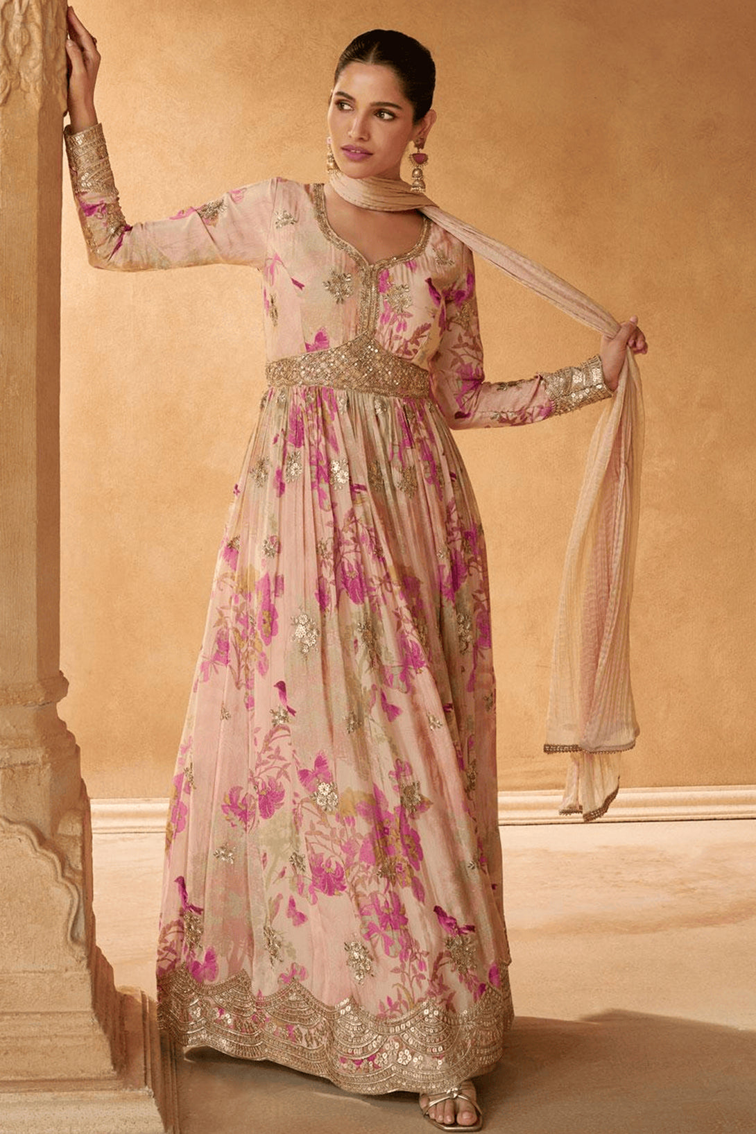 Pink Silk Anarkali Gown with Floral Print and Sequin Embroidery Work
