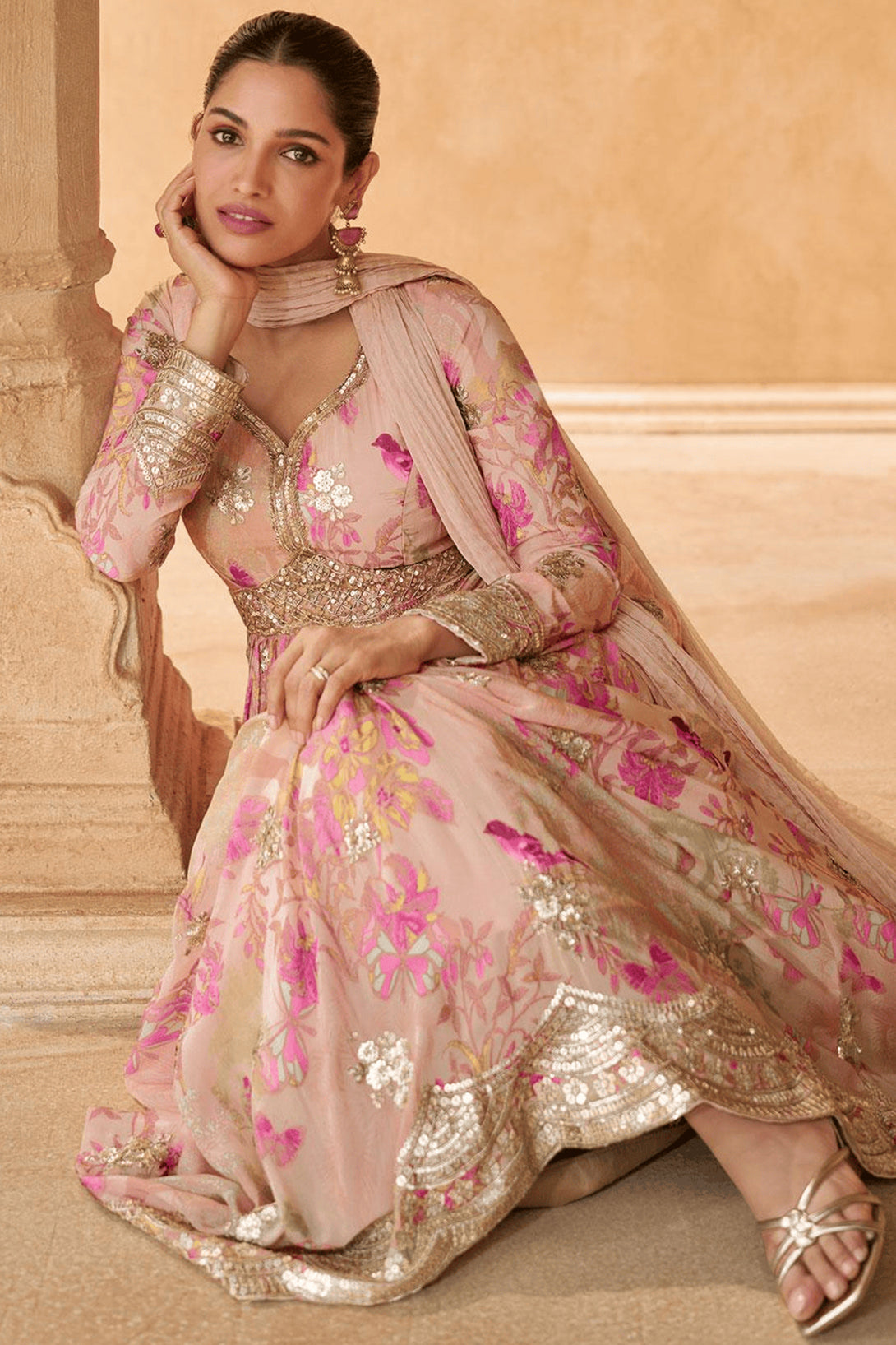 Pink Silk Anarkali Gown with Floral Print and Sequin Embroidery Work
