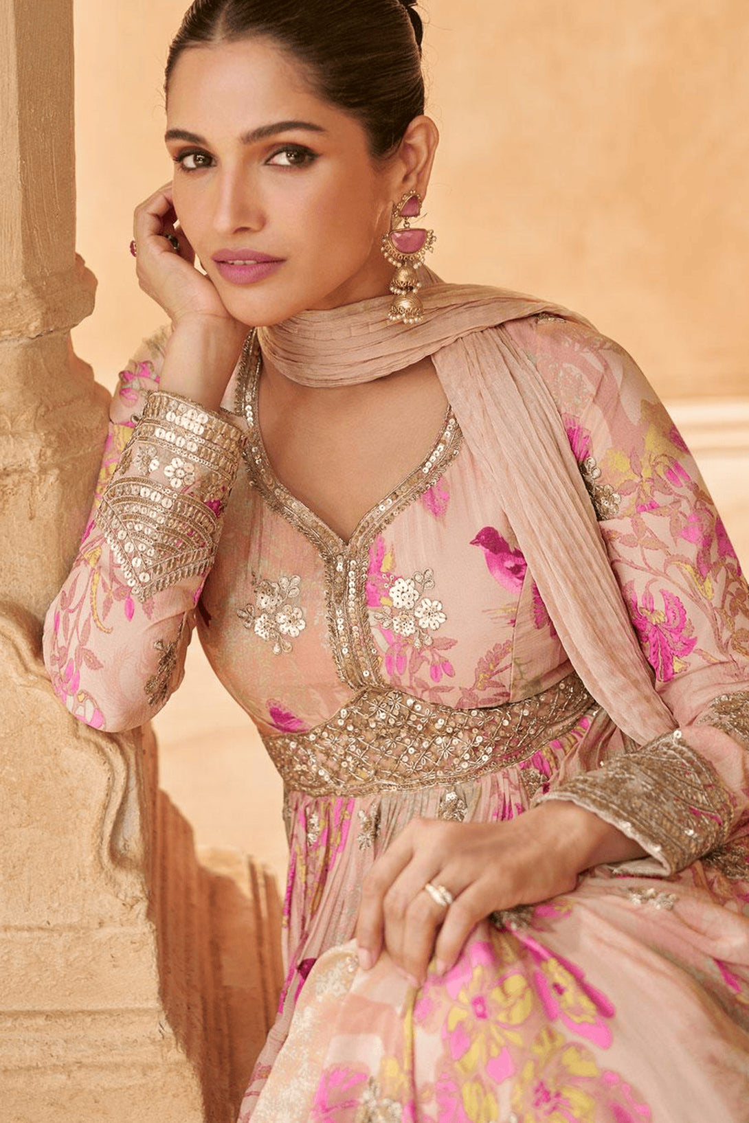 Pink Silk Anarkali Gown with Floral Print and Sequin Embroidery Work
