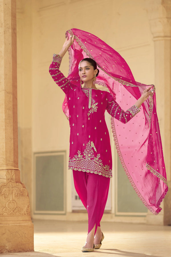 Pink Silk Salwar Kameez featuring Avian Jaal Design with Embroidered Silk enhanced by mirror and thread detailing
