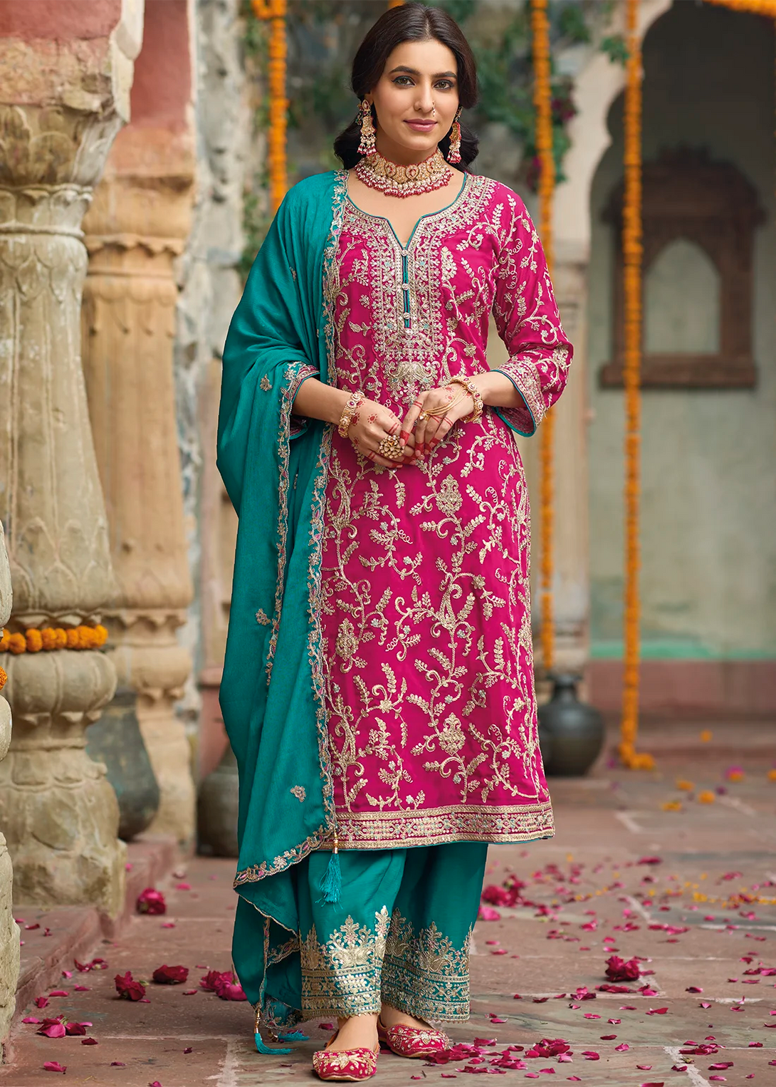 Pink Silk Salwar Kameez with All Over Heavy Zari work Embroidery
