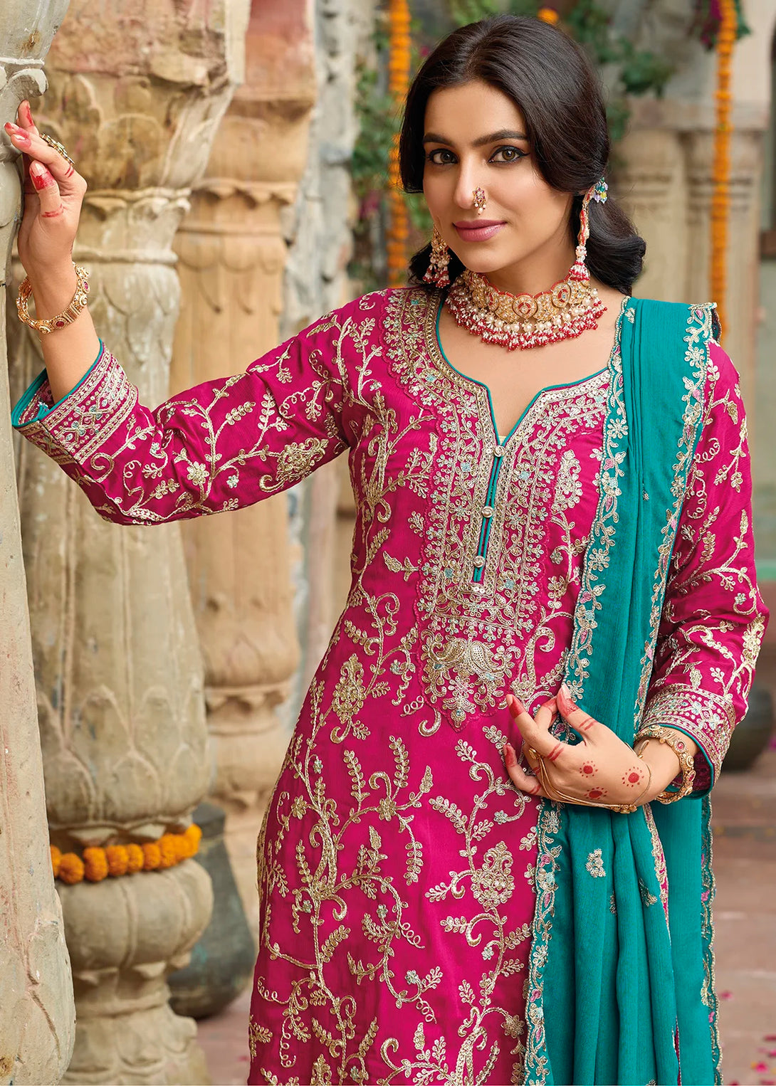 Pink Silk Salwar Kameez with All Over Heavy Zari work Embroidery
