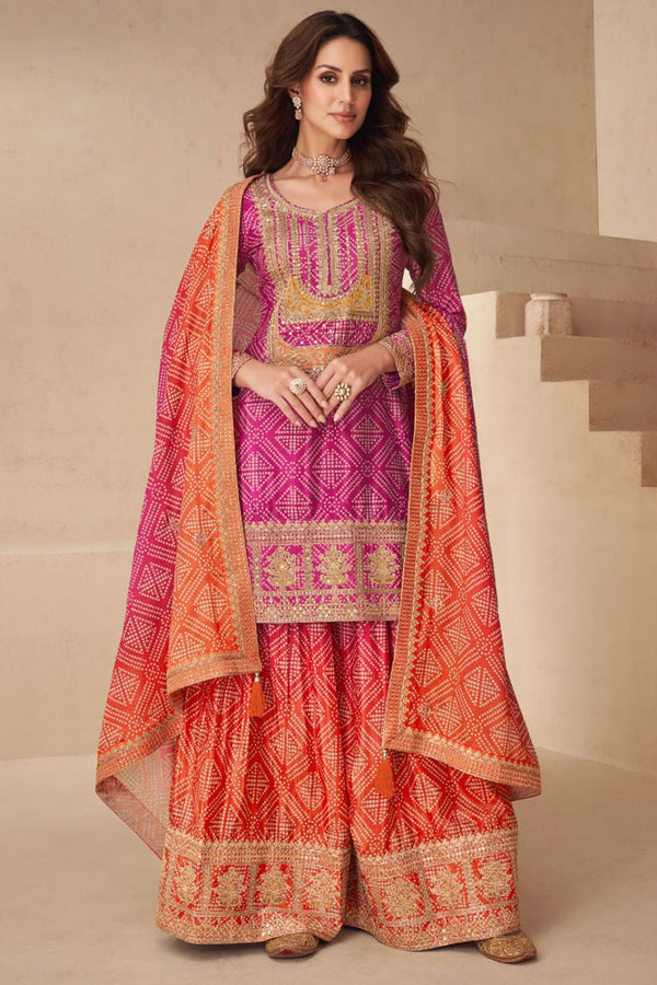 Pink Silk Salwar Kameez with Bandhani Print and Gota Patti Embroidery
