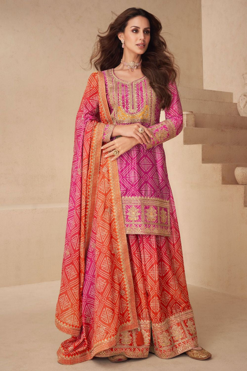 Pink Silk Salwar Kameez with Bandhani Print and Gota Patti Embroidery
