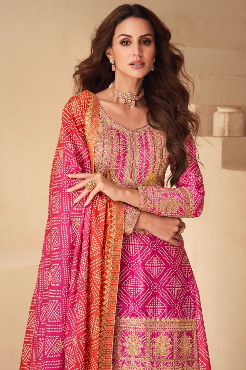 Pink Silk Salwar Kameez with Bandhani Print and Gota Patti Embroidery
