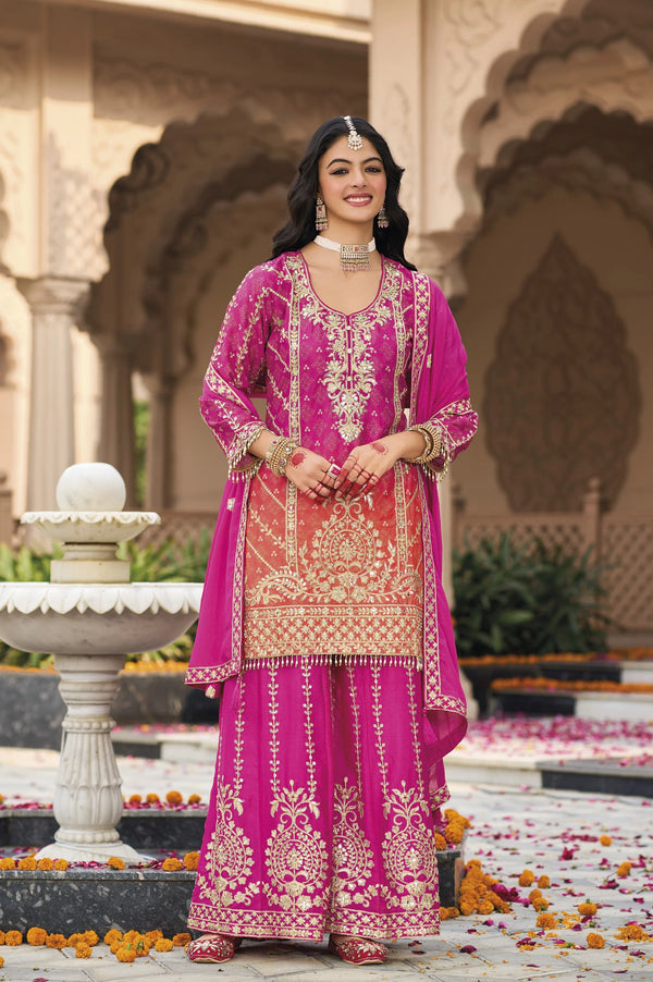 Pink Silk Salwar Kameez with Heavy Embroidery Mirror Work