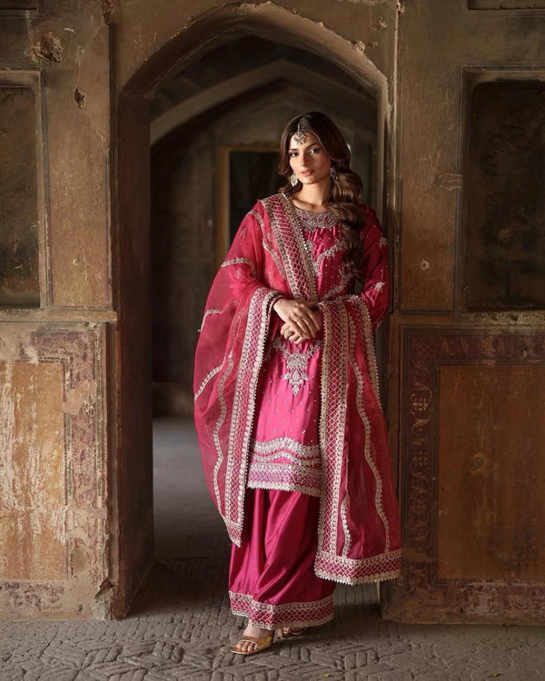 Pink Silk Salwar Kameez with Silver Thread and Gota Work
