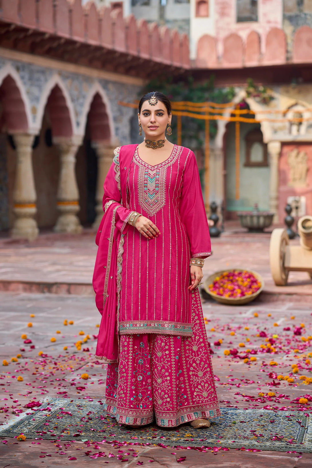 Pink Silk Salwar Kameez with Zardozi Embroidery and Mirror Work
