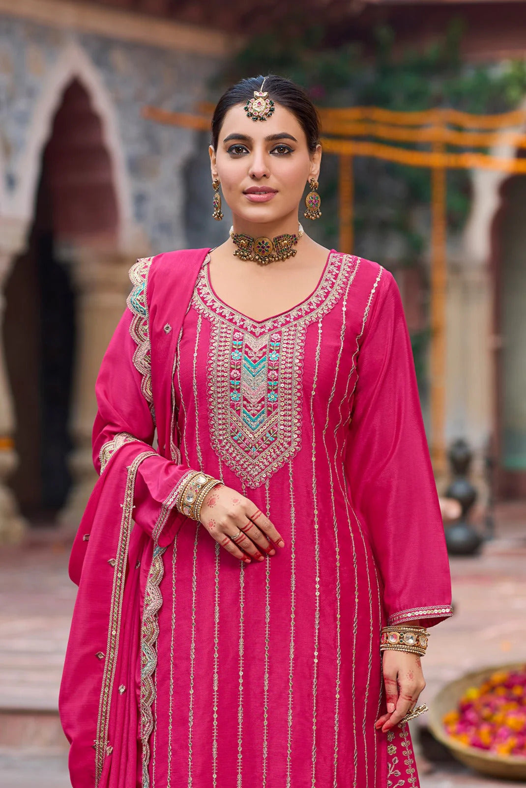 Pink Silk Salwar Kameez with Zardozi Embroidery and Mirror Work
