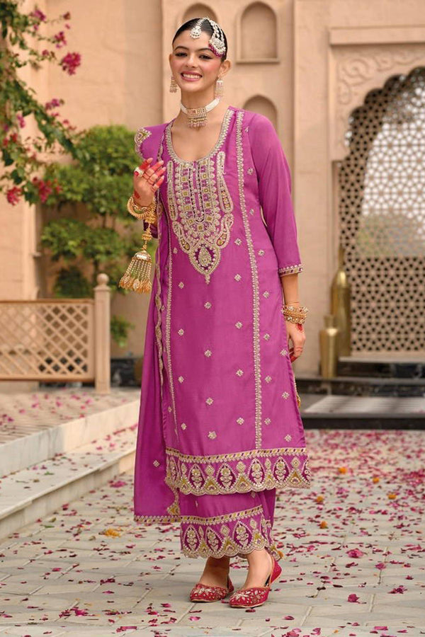 Pink Silk Salwar Kameez with Zari Embroidery and Thread Work
