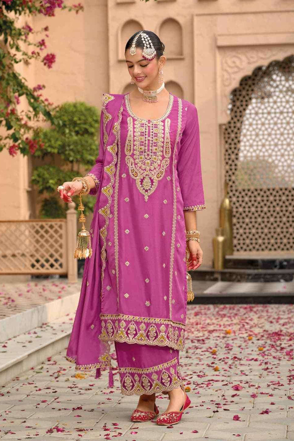 Pink Silk Salwar Kameez with Zari Embroidery and Thread Work
