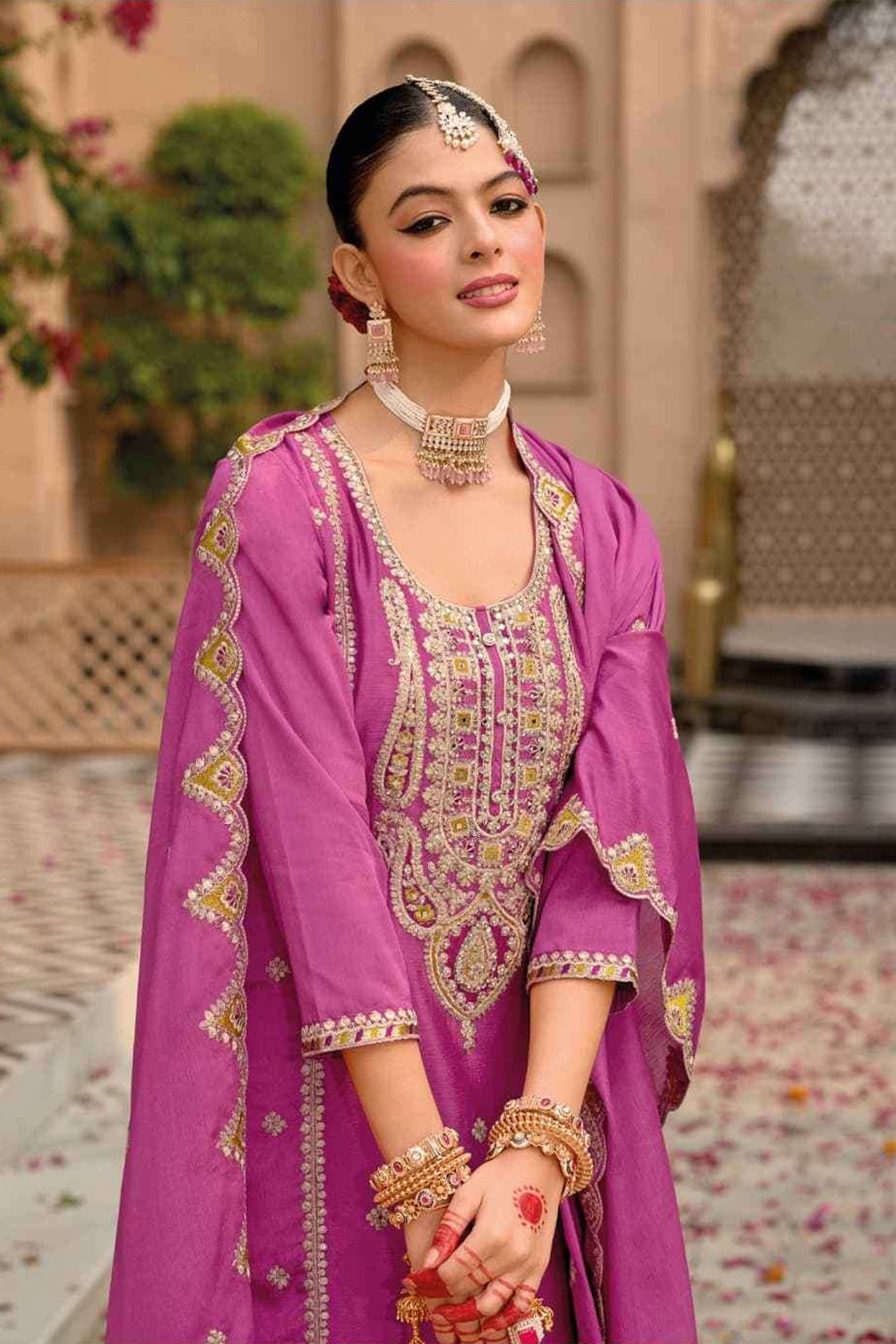 Pink Silk Salwar Kameez with Zari Embroidery and Thread Work
