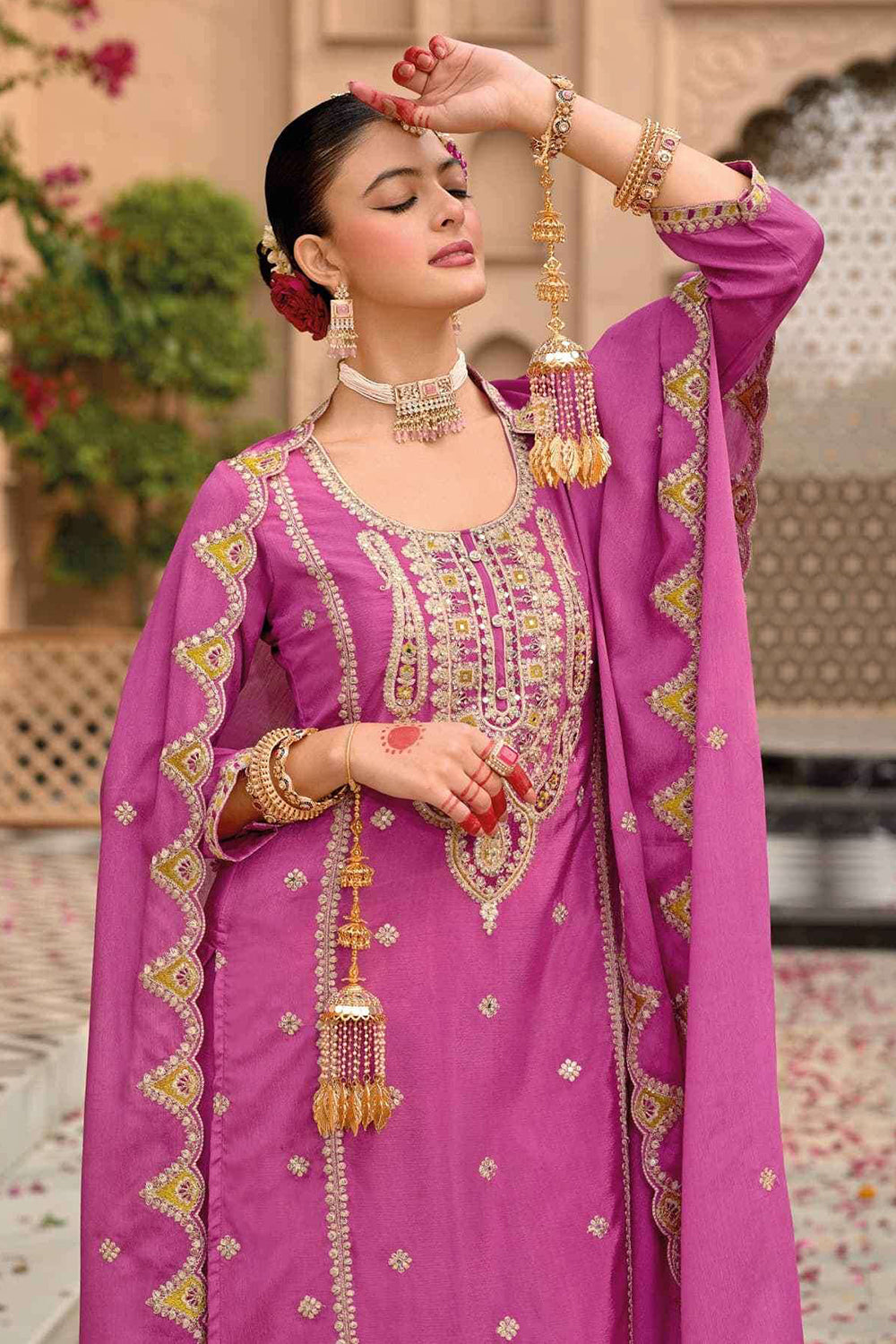 Pink Silk Salwar Kameez with Zari Embroidery and Thread Work
