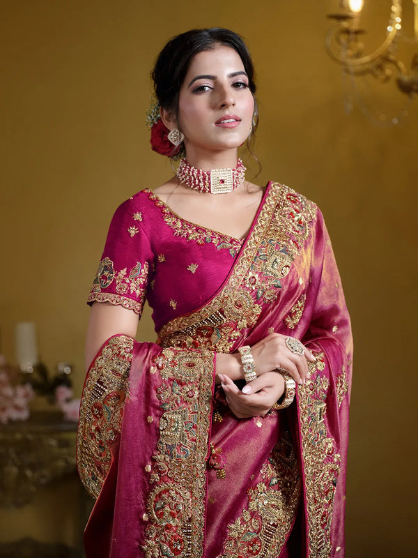 Pink Silk Saree with Embroidery Borders and Pallu Designs 