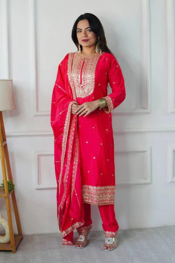 Pink Silk Suit with Embroidered Neckline and Gota Work
