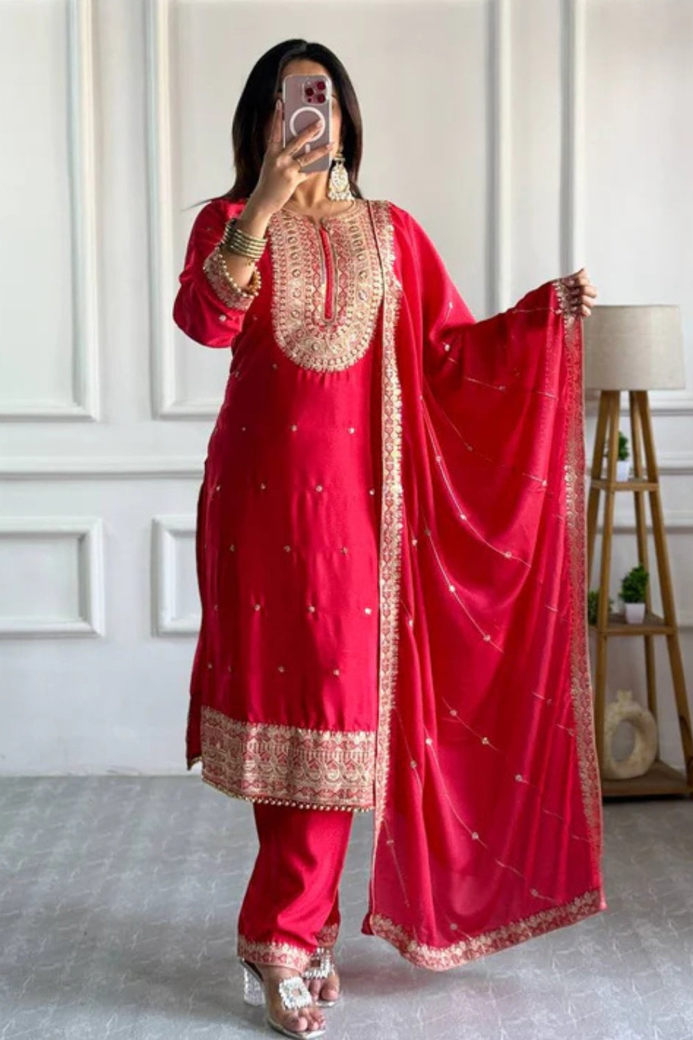 Pink Silk Suit with Embroidered Neckline and Gota Work
