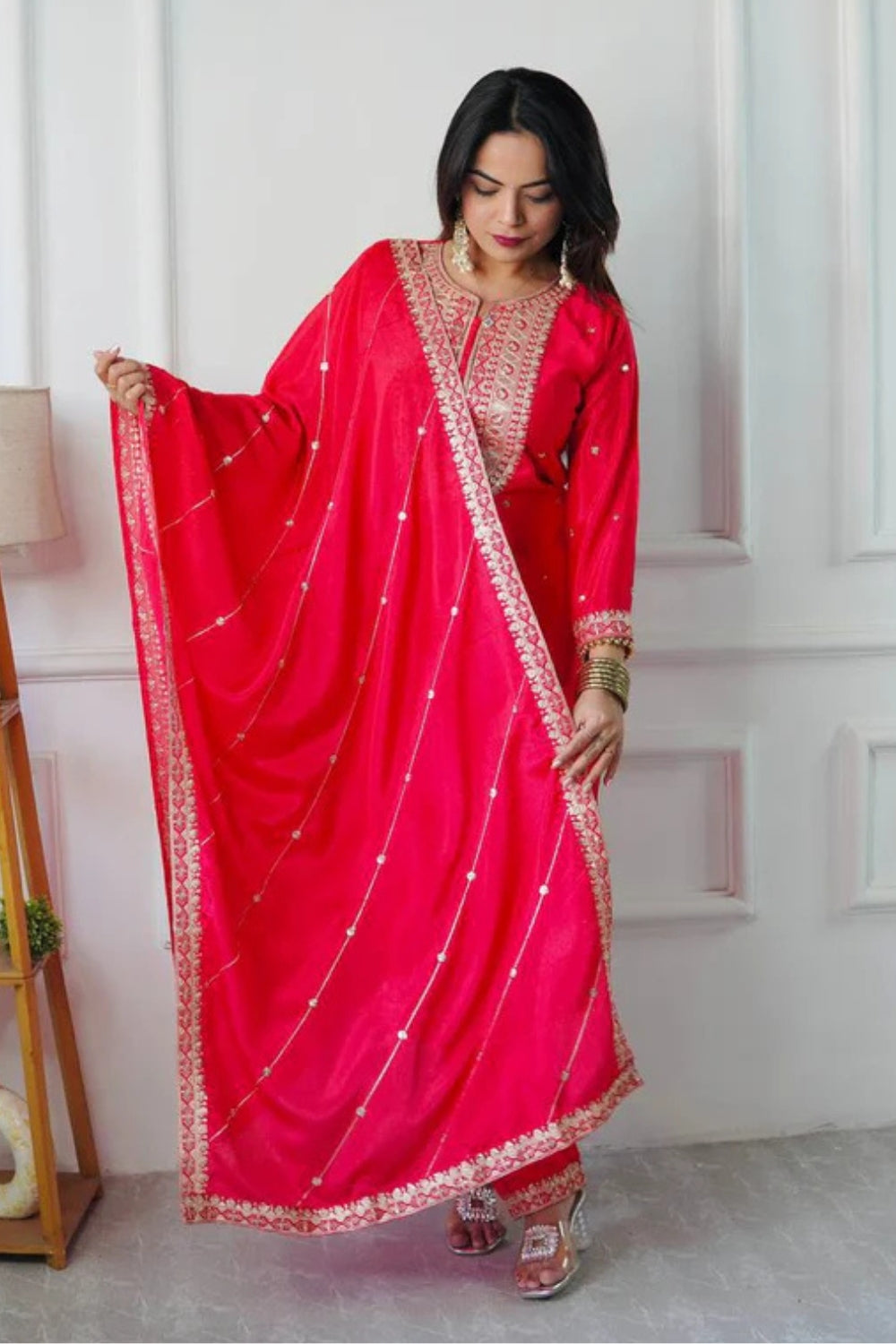 Pink Silk Suit with Embroidered Neckline and Gota Work

