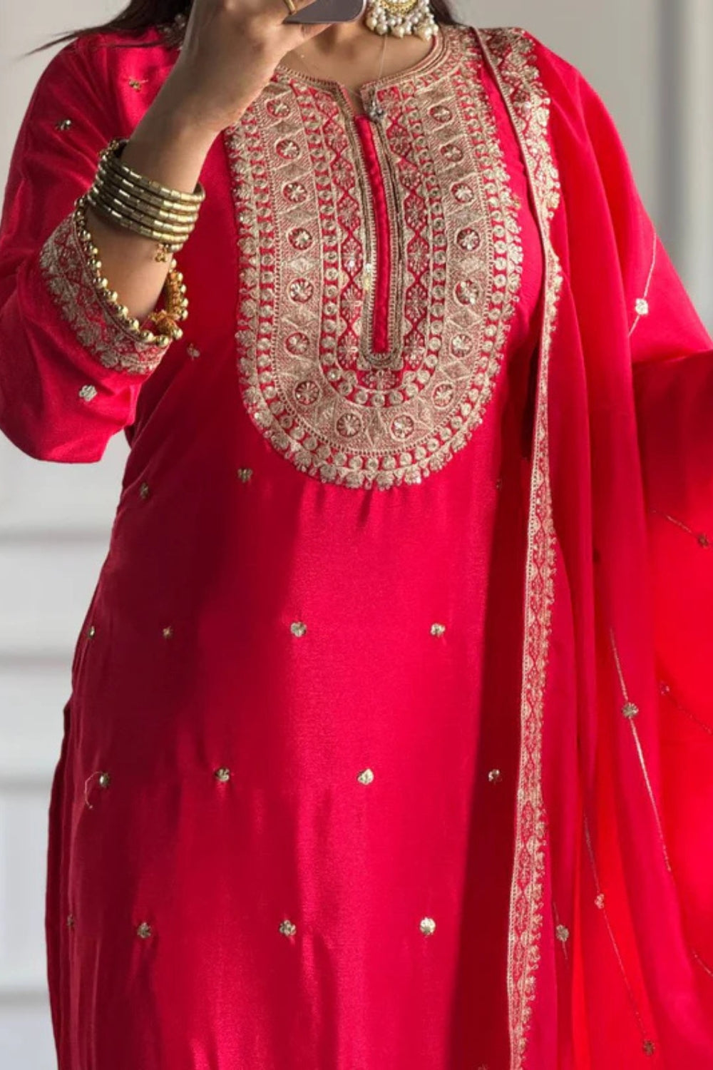 Pink Silk Suit with Embroidered Neckline and Gota Work
