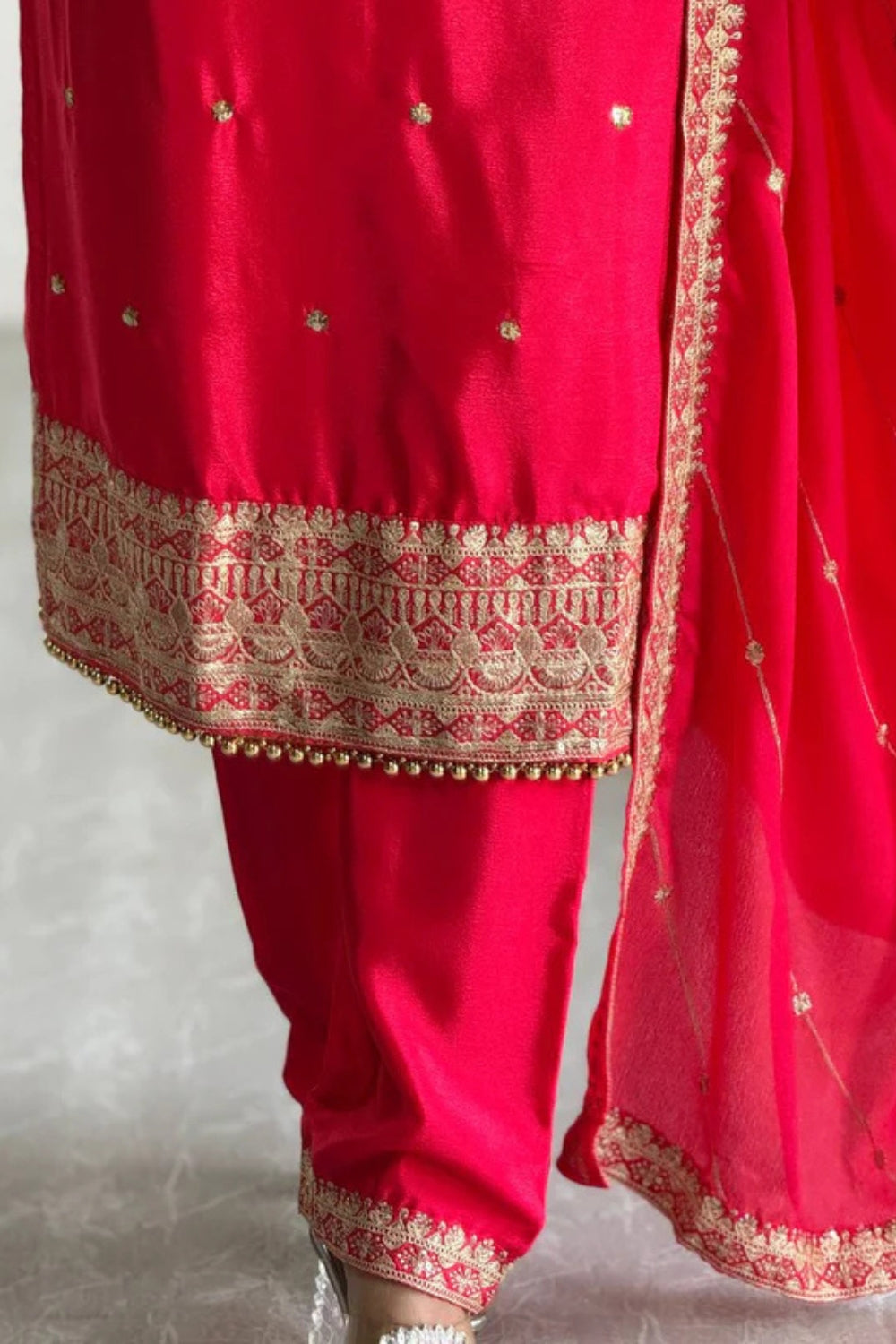 Pink Silk Suit with Embroidered Neckline and Gota Work
