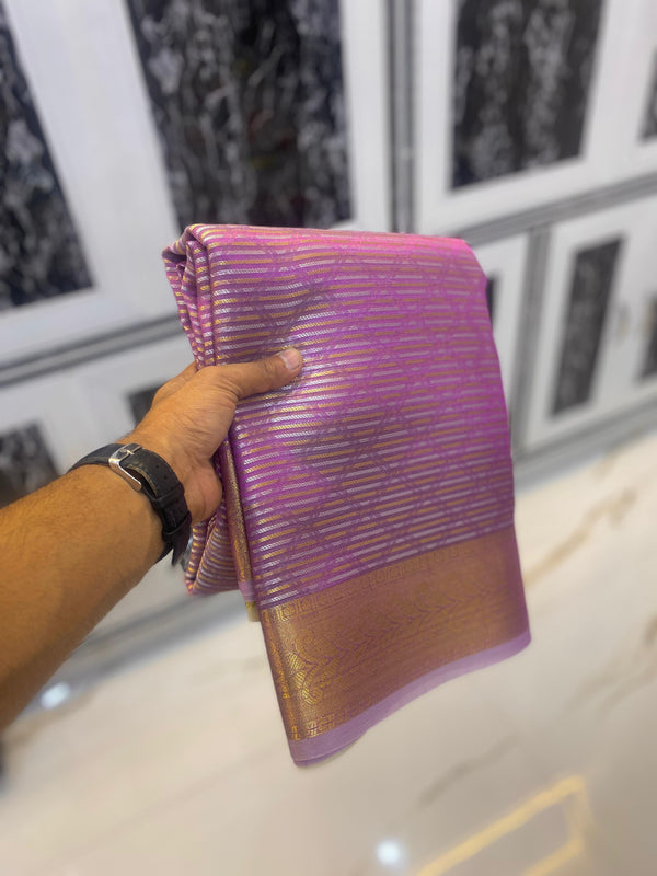 Pink Tissue Banarasi Saree with Gold Zari Broder and stripes Work