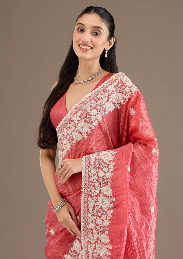 Pink Tissue Saree with Gold Crush Sequin Embroidery Work
