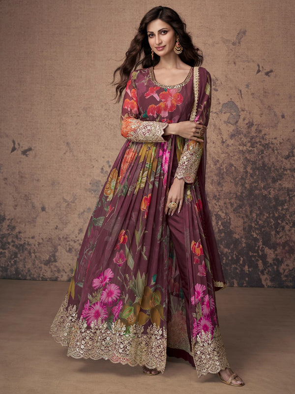 Purple Georgette Anarkali with Floral Print and Gota Patti Work
