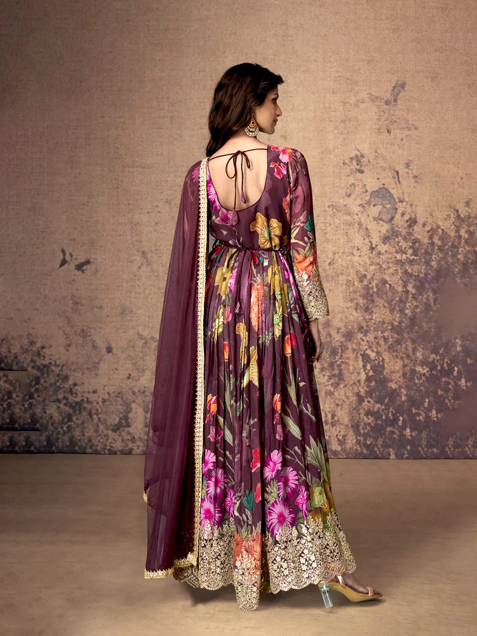 Purple Georgette Anarkali with Floral Print and Gota Patti Work
