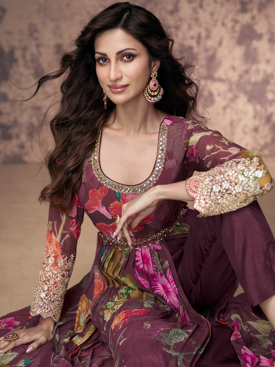 Purple Georgette Anarkali with Floral Print and Gota Patti Work
