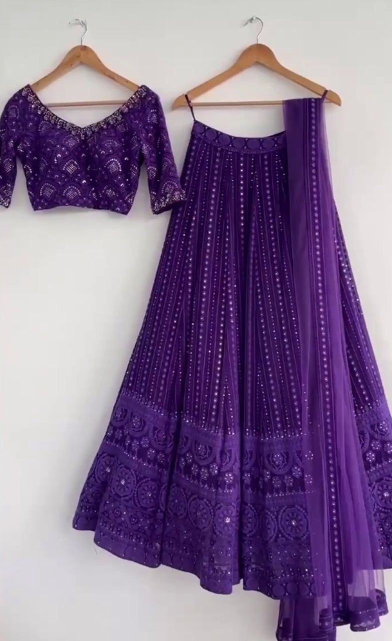 Purple Georgette Lehenga with Thread Embroidery Mirror work
