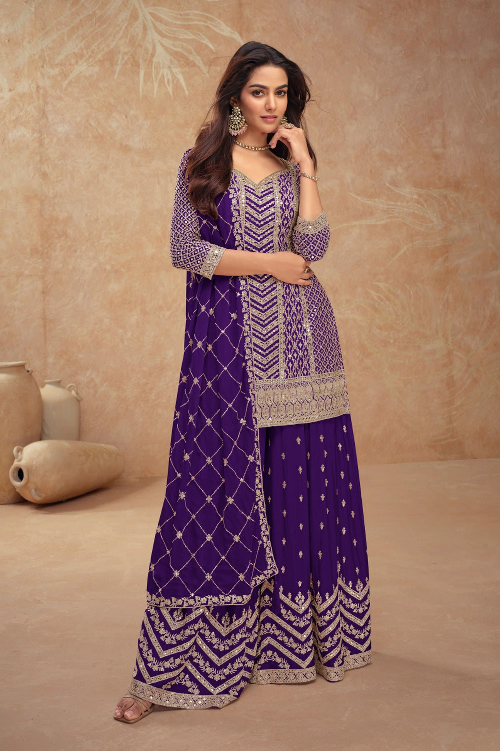 Purple Georgette Salwar Kameez featuring Chevron Pattern with Sequin and Motif Design
