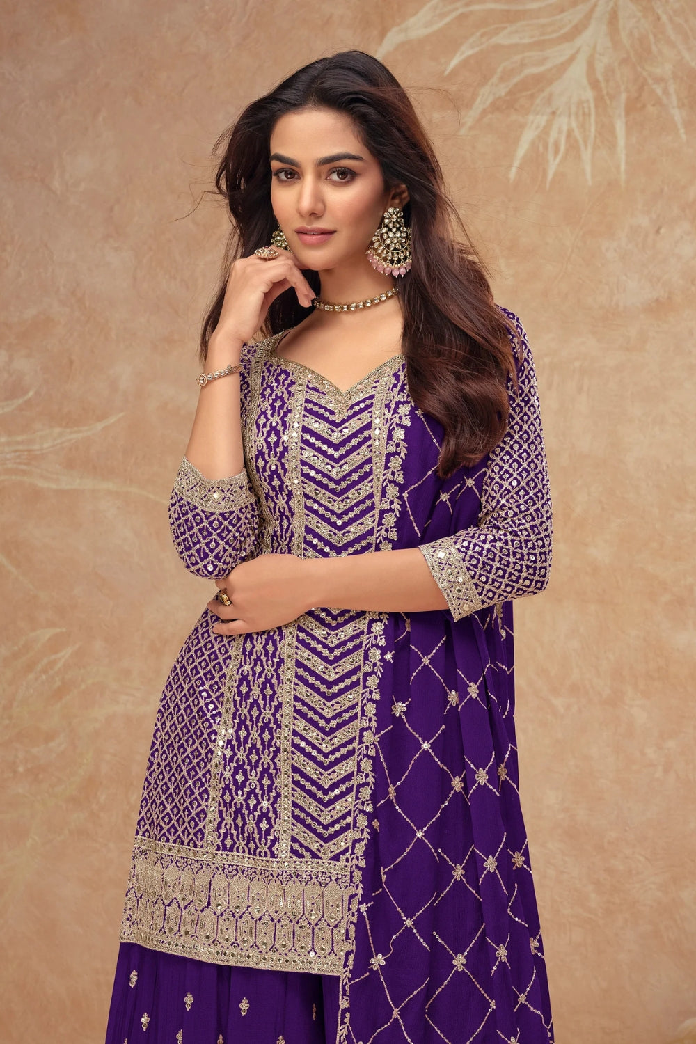 Purple Georgette Salwar Kameez featuring Chevron Pattern with Sequin and Motif Design
