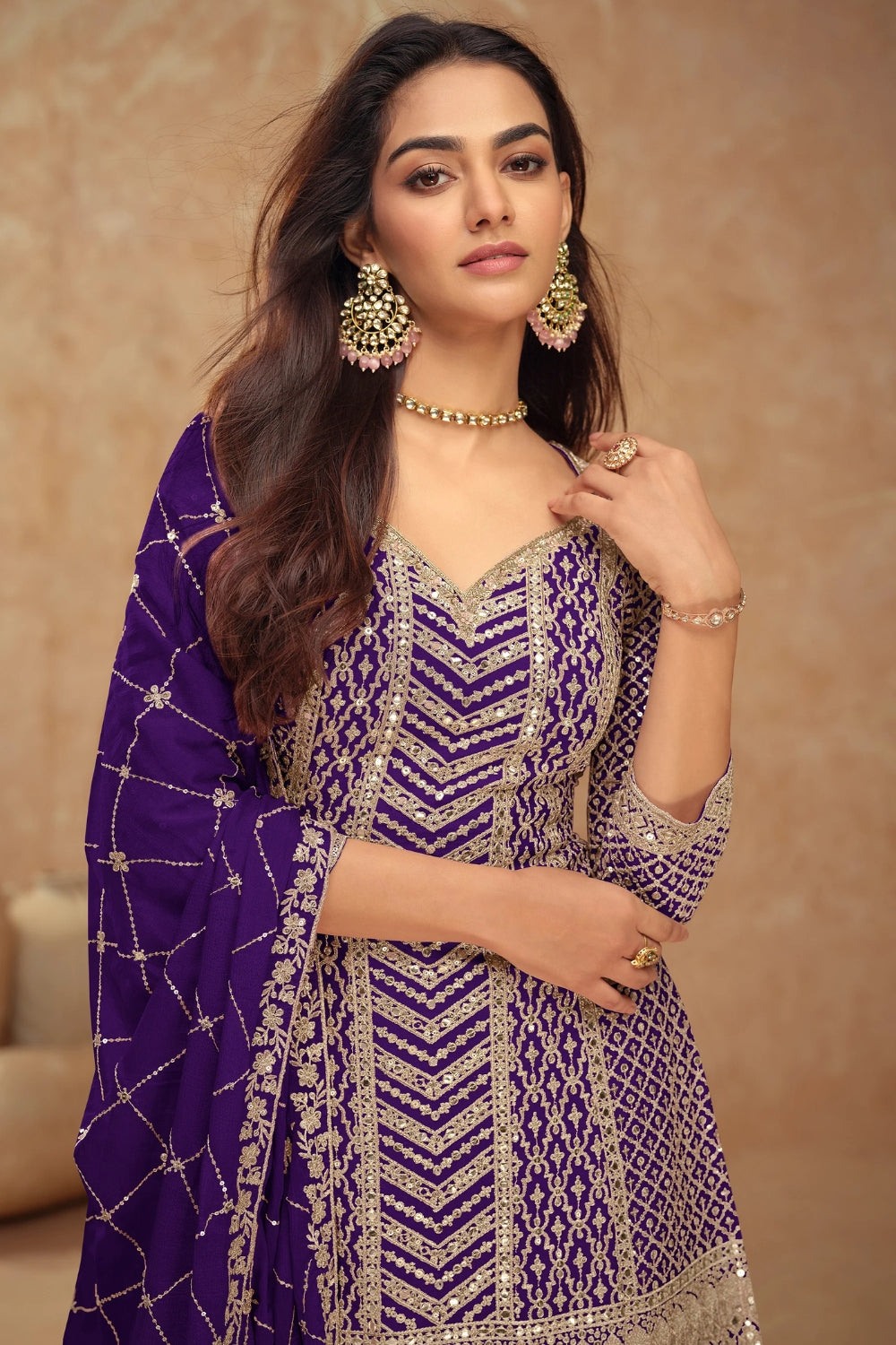 Purple Georgette Salwar Kameez featuring Chevron Pattern with Sequin and Motif Design
