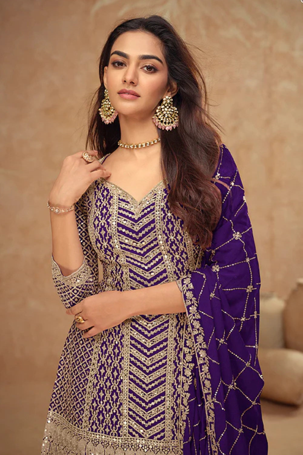 Purple Georgette Salwar Kameez featuring Chevron Pattern with Sequin and Motif Design

