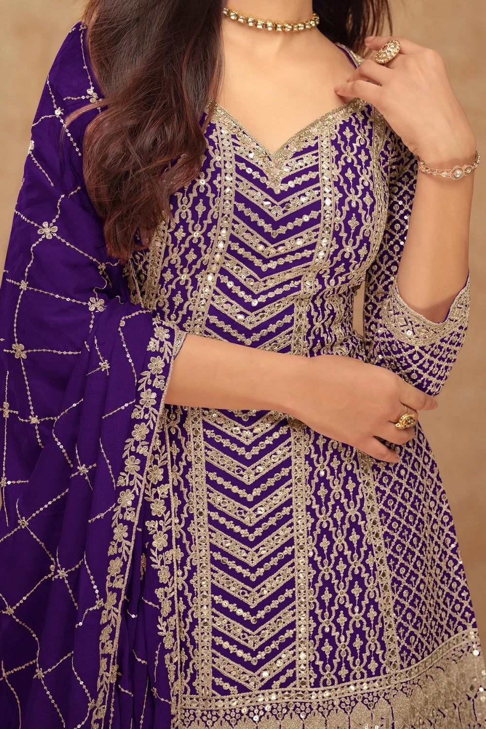 Purple Georgette Salwar Kameez featuring Chevron Pattern with Sequin and Motif Design
