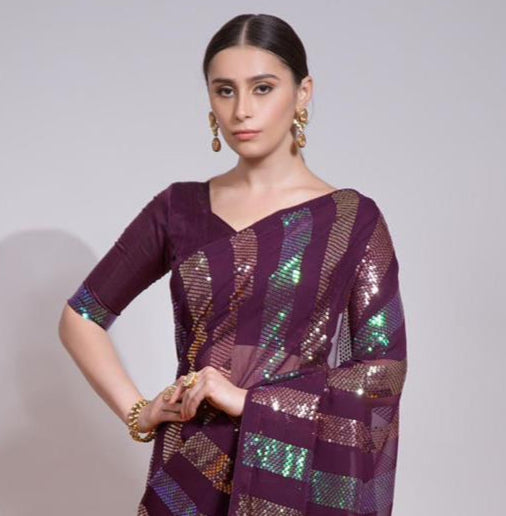Purple Georgette Saree with All Over Sequin Work 
