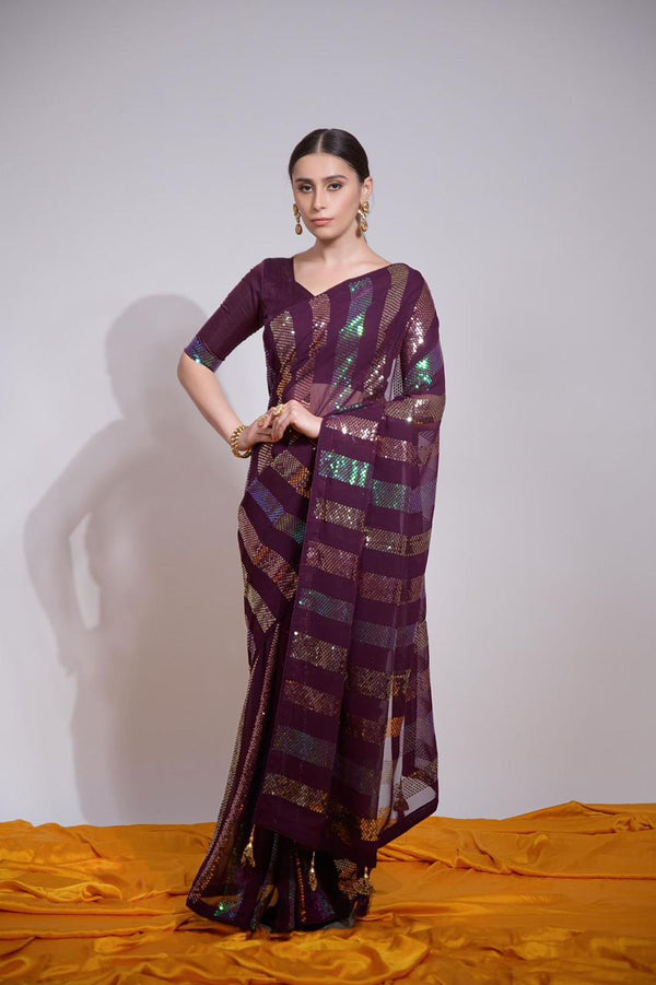 Purple Georgette Saree with All Over Sequin Work 