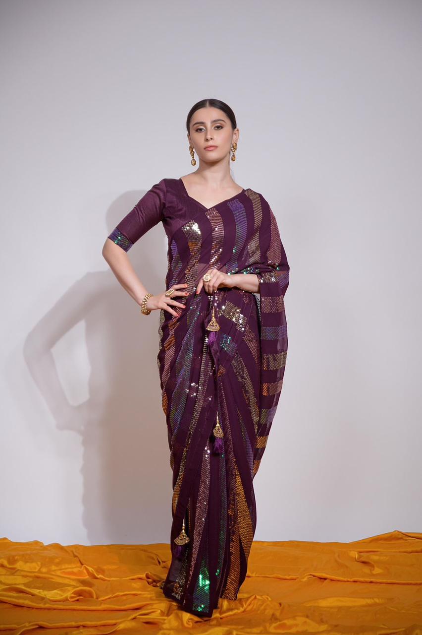 Purple Georgette Saree with All Over Sequin Work 