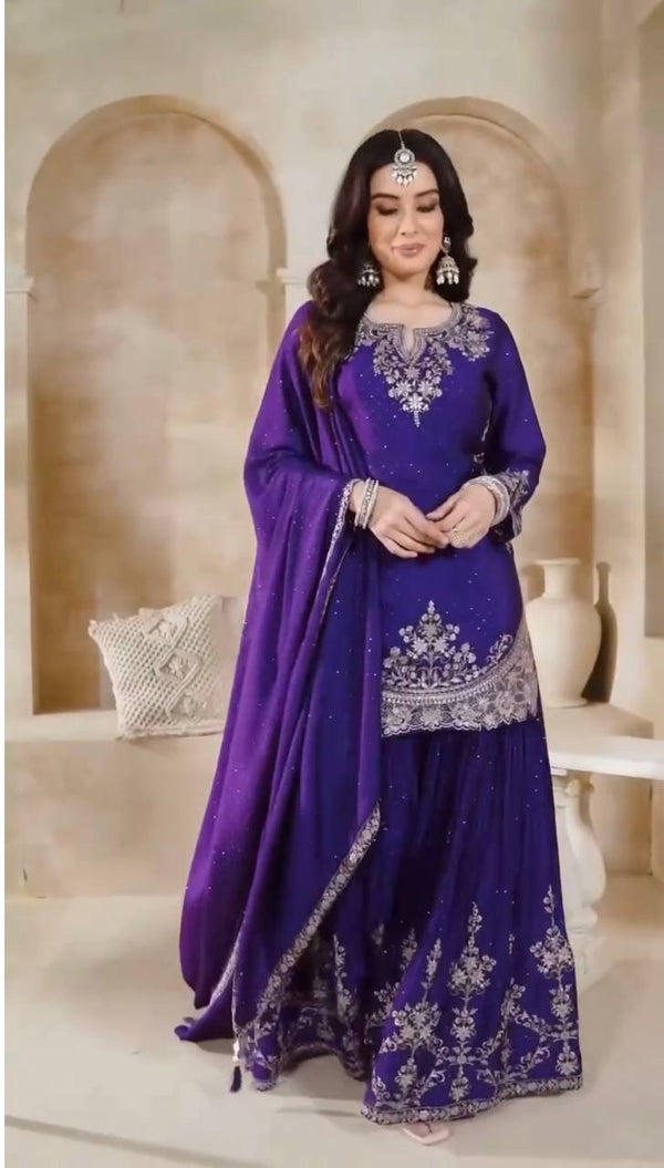 Purple Georgette Sharara with Heavy Thread Embroidery and Floral Design
