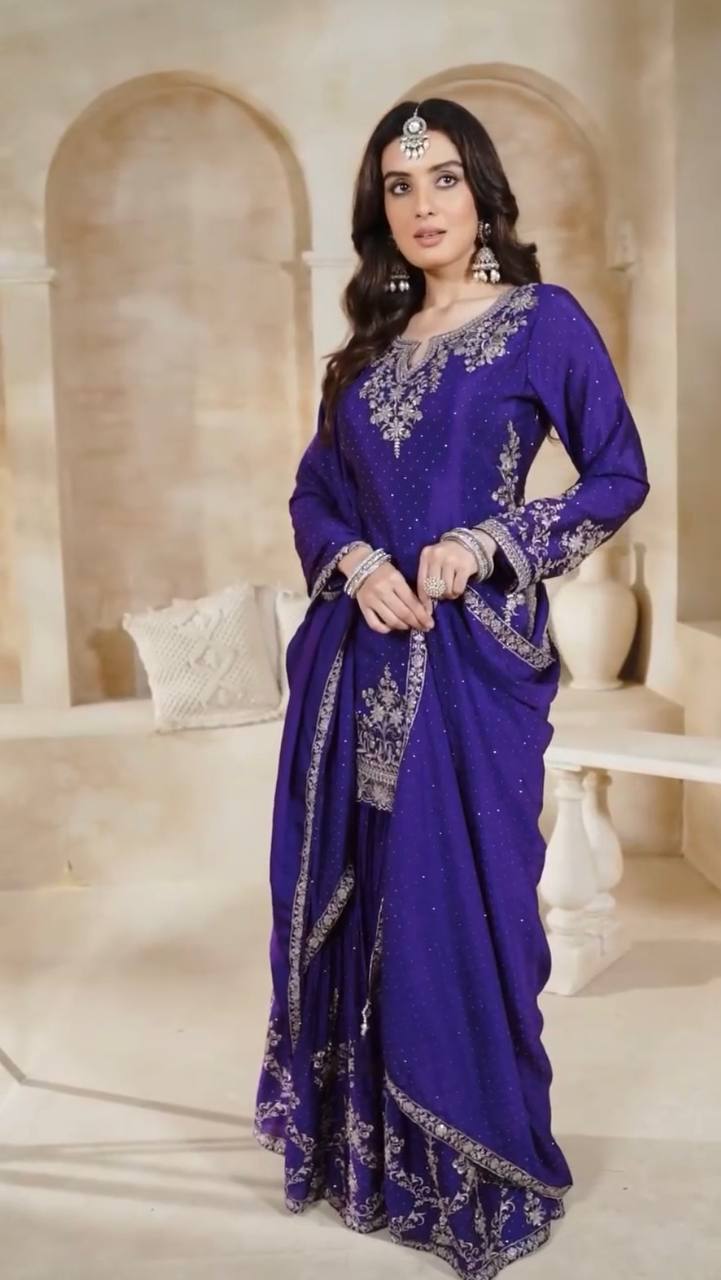 Purple Georgette Sharara with Heavy Thread Embroidery and Floral Design
