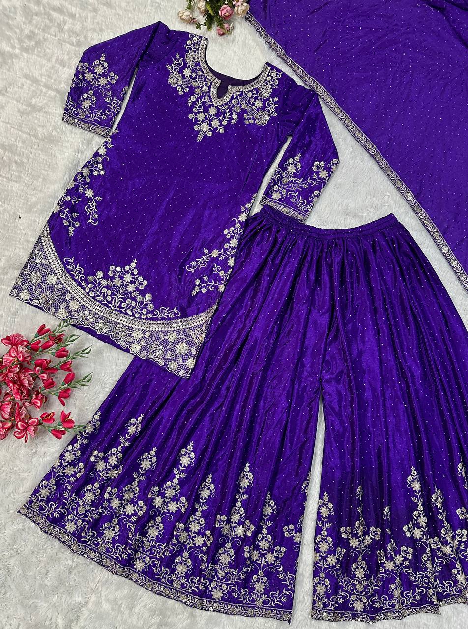 Purple Georgette Sharara with Heavy Thread Embroidery and Floral Design
