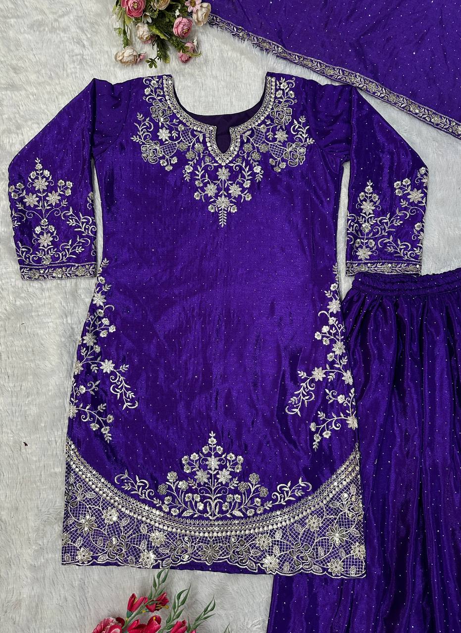 Purple Georgette Sharara with Heavy Thread Embroidery and Floral Design