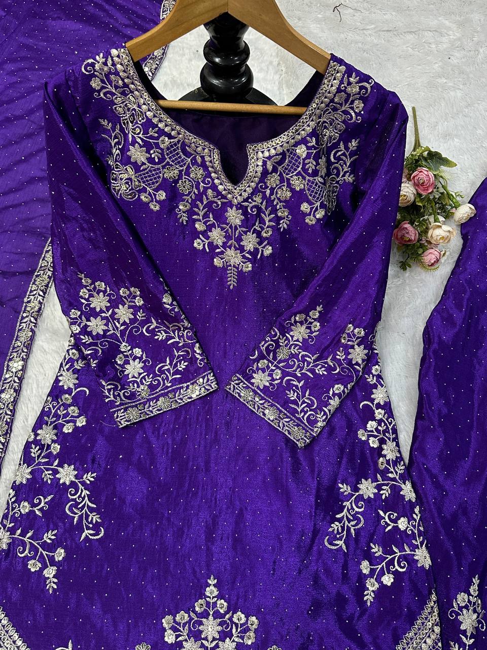 Purple Georgette Sharara with Heavy Thread Embroidery and Floral Design
