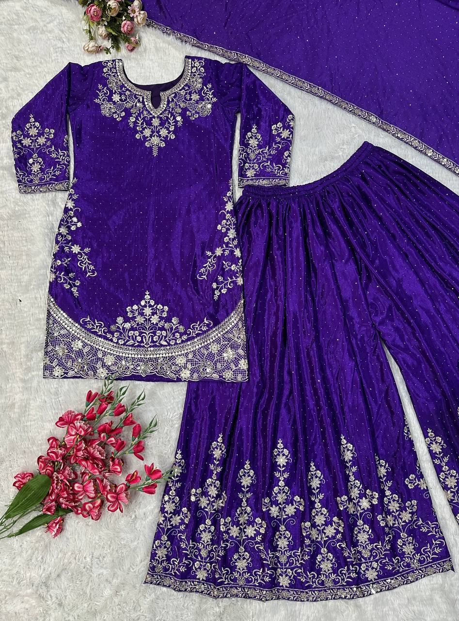 Purple Georgette Sharara with Heavy Thread Embroidery and Floral Design
