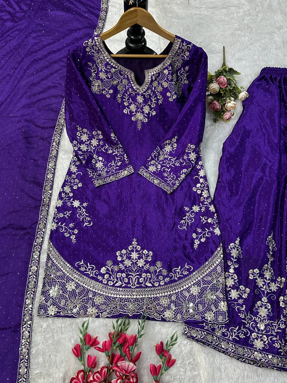 Purple Georgette Sharara with Heavy Thread Embroidery and Floral Design
