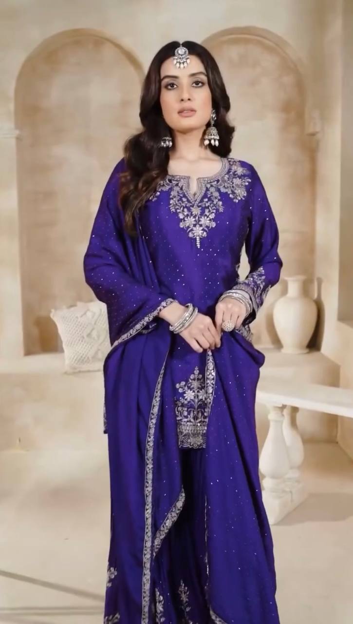 Purple Georgette Sharara with Heavy Thread Embroidery and Floral Design

