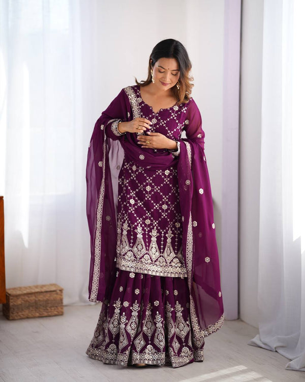 Purple Georgette Sharara with Sequin Embroidery and Thread Work
