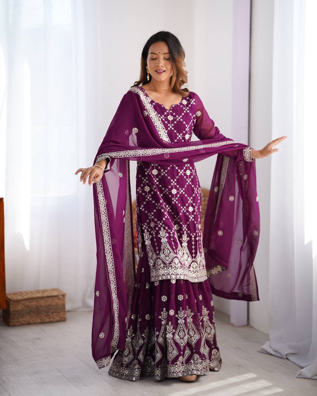 Purple Georgette Sharara with Sequin Embroidery and Thread Work
